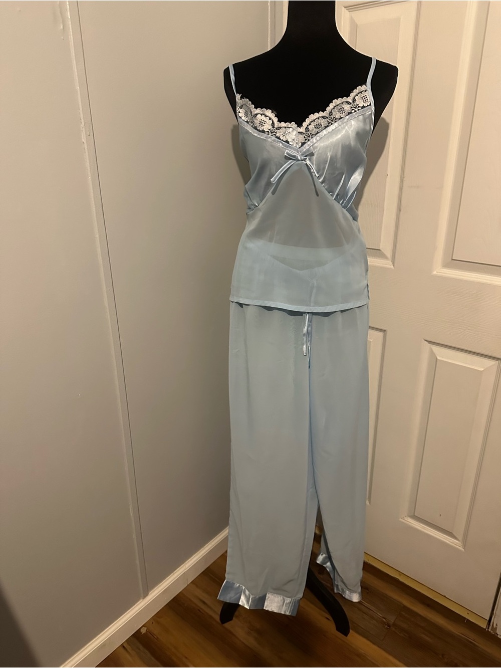 Light Blue Satin & Lace Camisole Peignoir Set of 3- Women Intimates size XL